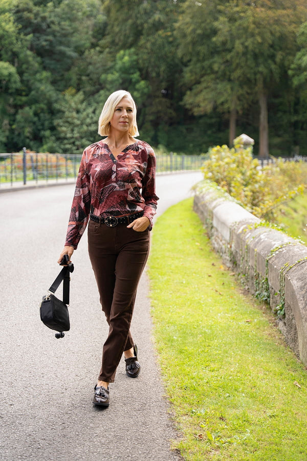 Carraig Donn Red Abstract Print Placket Long Sleeve Top