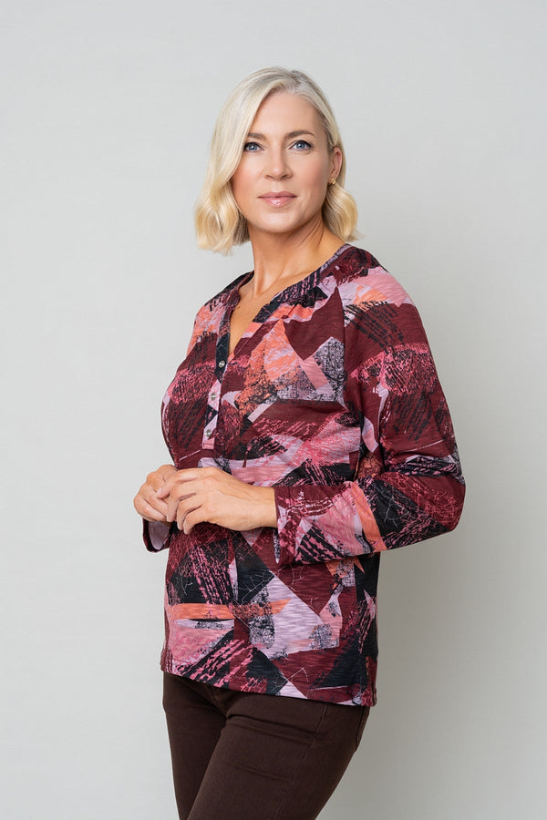 Carraig Donn Red Abstract Print Placket Long Sleeve Top