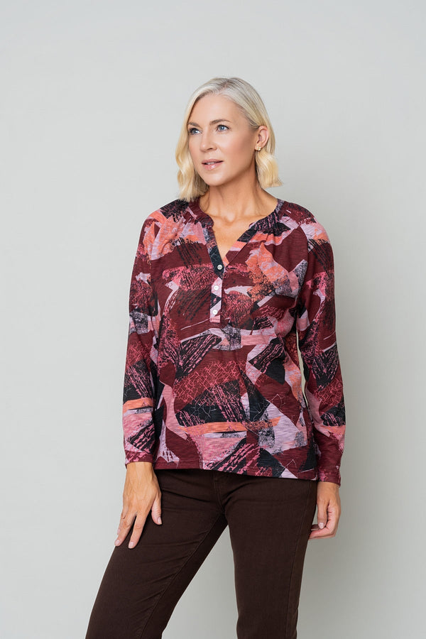 Carraig Donn Red Abstract Print Placket Long Sleeve Top