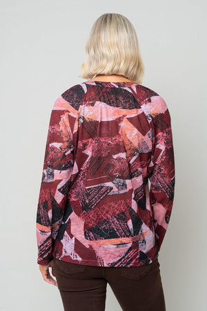 Carraig Donn Red Abstract Print Placket Long Sleeve Top
