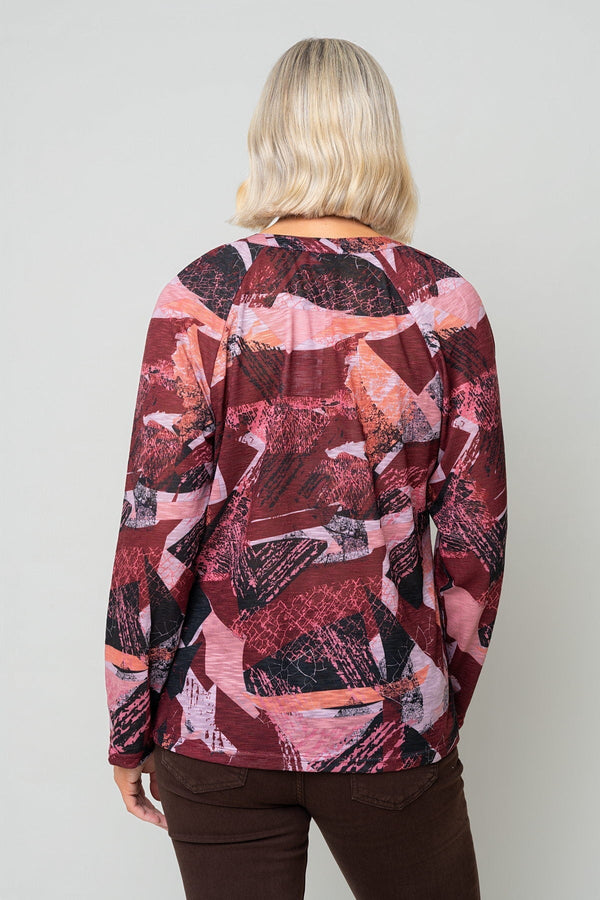 Carraig Donn Red Abstract Print Placket Long Sleeve Top