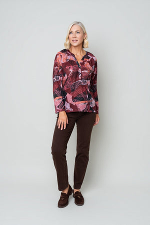 Carraig Donn Red Abstract Print Placket Long Sleeve Top