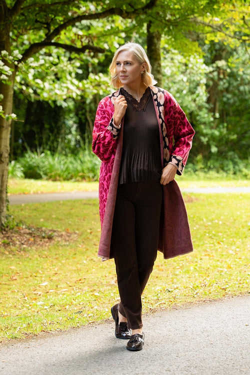 Red Animal Print Trim Belted Long Cardigan