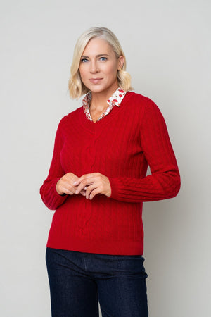 Carraig Donn Red Cable Knit With Shirt Collar Long Sleeve Jumper