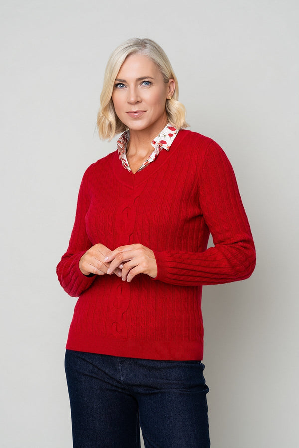 Carraig Donn Red Cable Knit With Shirt Collar Long Sleeve Jumper