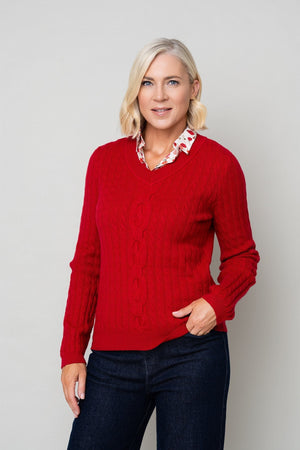 Carraig Donn Red Cable Knit With Shirt Collar Long Sleeve Jumper