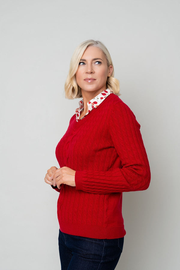 Carraig Donn Red Cable Knit With Shirt Collar Long Sleeve Jumper