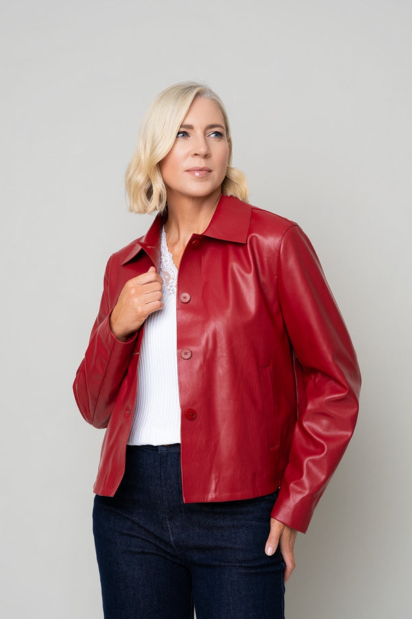 Carraig Donn Red Faux Leather Collar Button Pocket Jacket