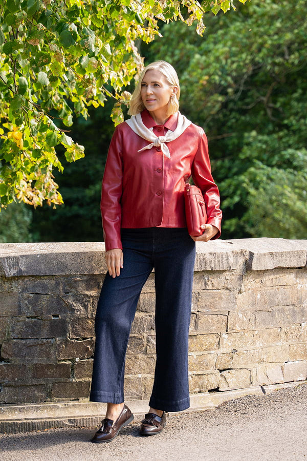 Carraig Donn Red Faux Leather Collar Button Pocket Jacket
