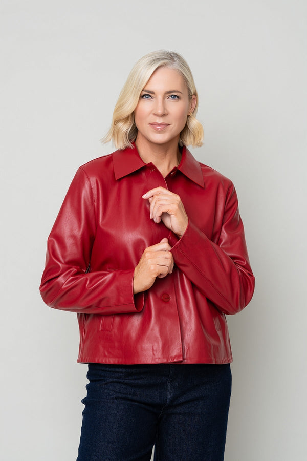 Carraig Donn Red Faux Leather Collar Button Pocket Jacket