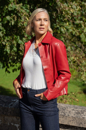 Carraig Donn Red Faux Leather Collar Button Pocket Jacket