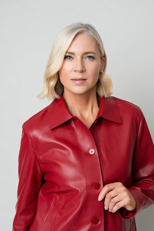Carraig Donn Red Faux Leather Collar Button Pocket Jacket