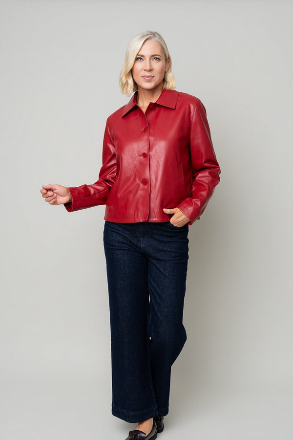 Carraig Donn Red Faux Leather Collar Button Pocket Jacket