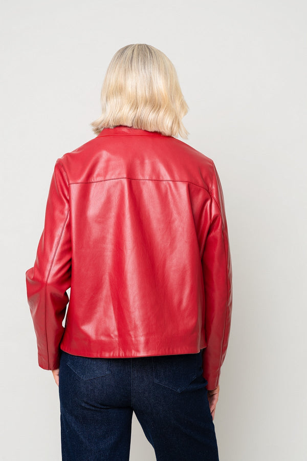 Carraig Donn Red Faux Leather Collar Button Pocket Jacket