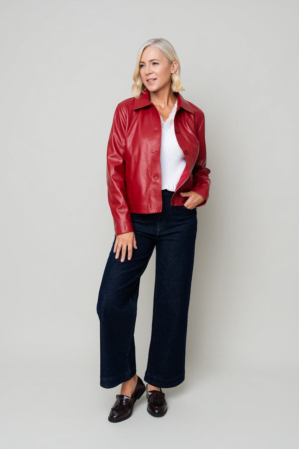 Carraig Donn Red Faux Leather Collar Button Pocket Jacket