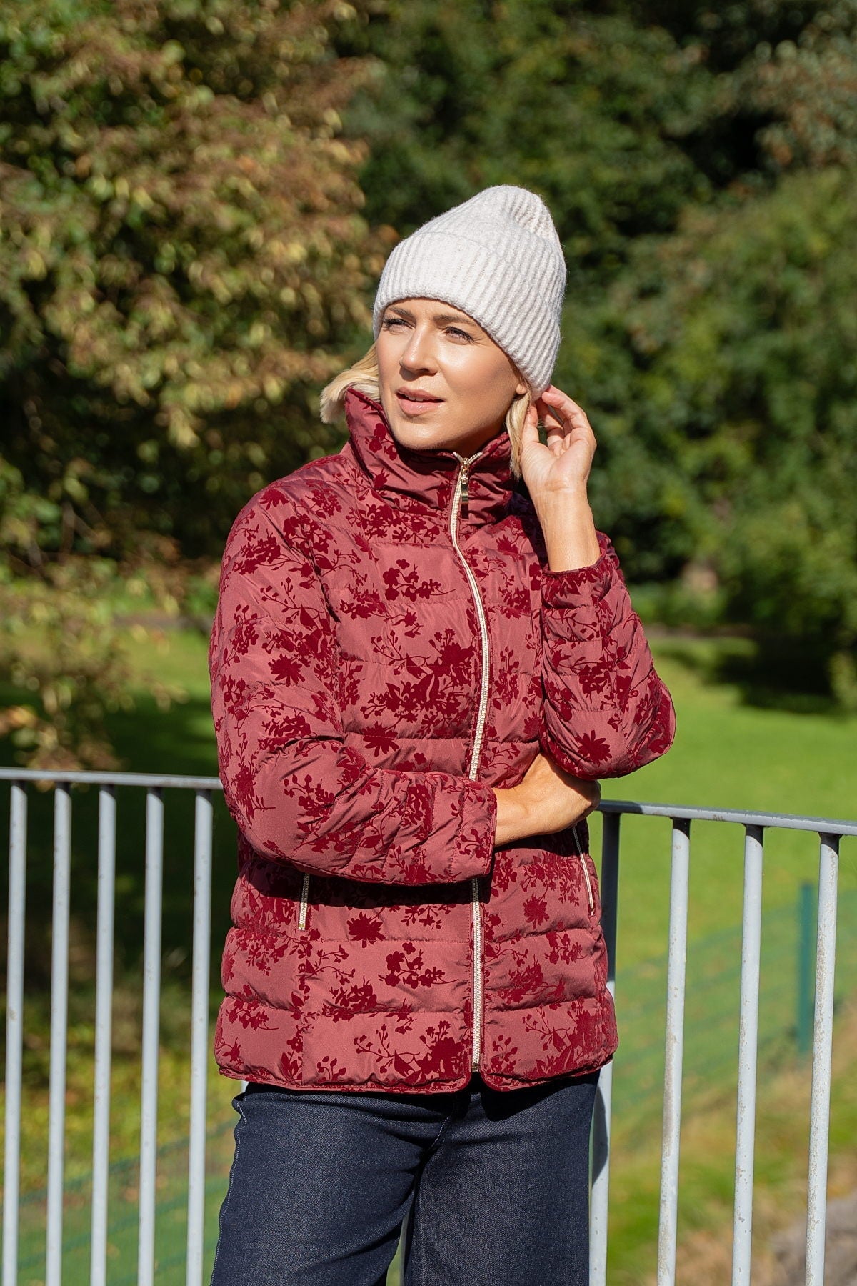 Red Flocked High Neck Zip Jacket