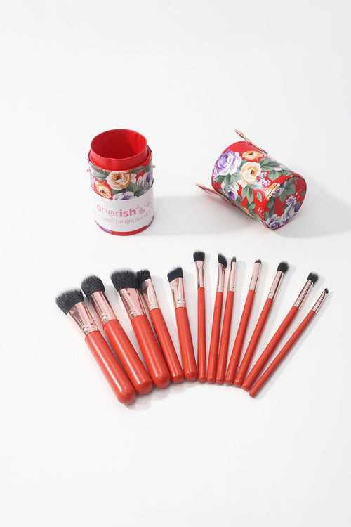 Red Floral Print 12 Piece Makeup Brush Set