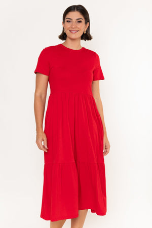 Carraig Donn Red Jersey Tiered A-Line Short Sleeve Midi Dress