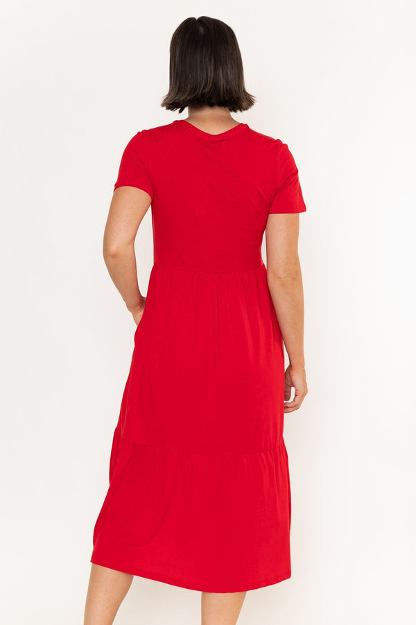 Carraig Donn Red Jersey Tiered A-Line Short Sleeve Midi Dress