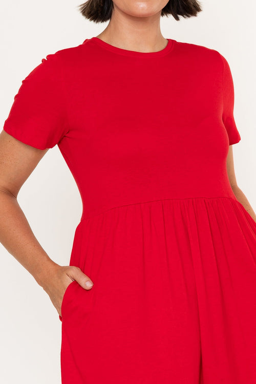 Carraig Donn Red Jersey Tiered A-Line Short Sleeve Midi Dress