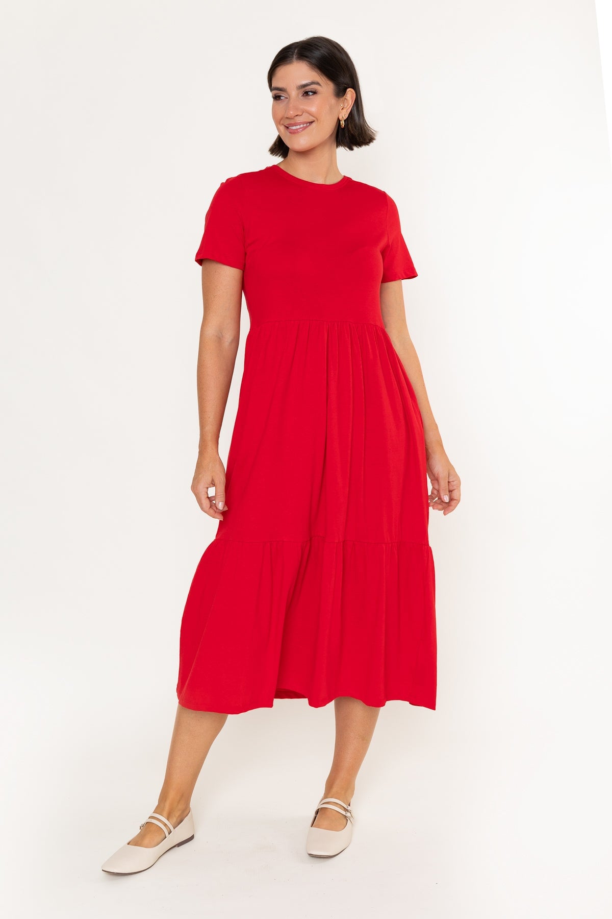 Red Jersey Tiered A-Line Short Sleeve Midi Dress