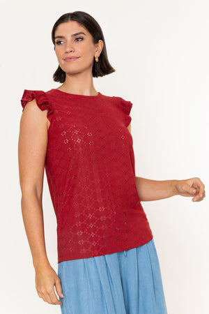 Carraig Donn Red Laser Cut Round Neck Ruffle Sleeve Top