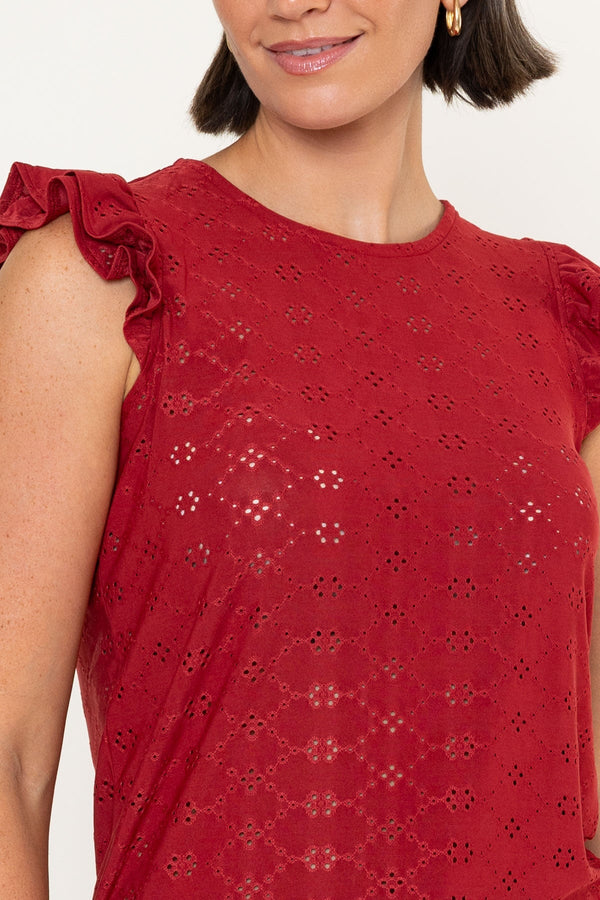 Carraig Donn Red Laser Cut Round Neck Ruffle Sleeve Top