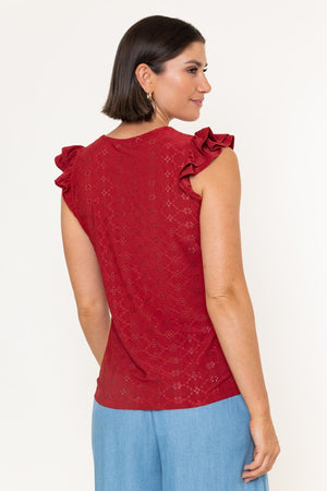 Carraig Donn Red Laser Cut Round Neck Ruffle Sleeve Top