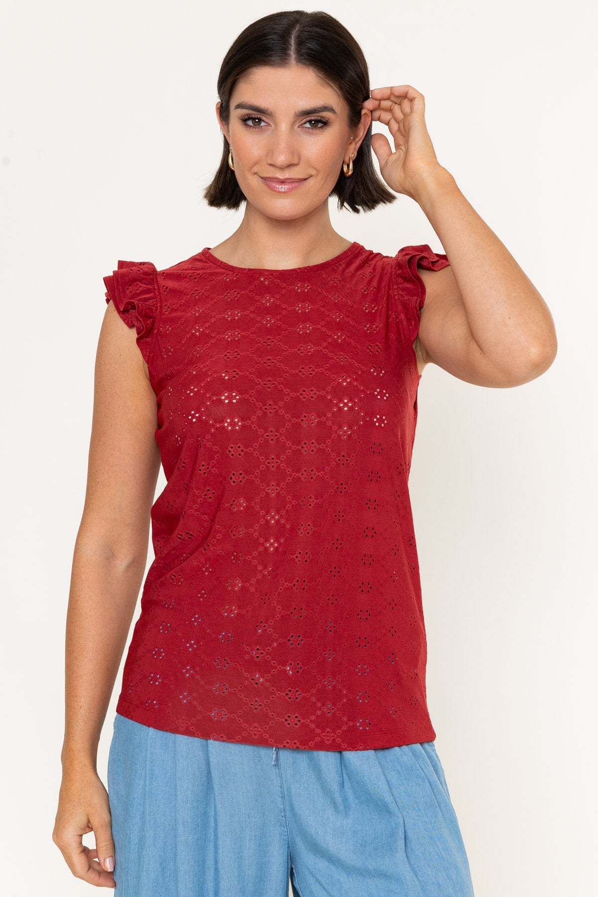 Red Laser Cut Round Neck Ruffle Sleeve Top