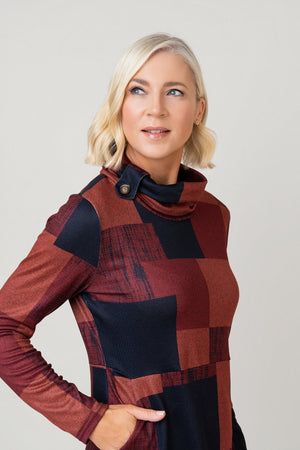 Carraig Donn Red Print Cowl Neck Pockets Long Sleeve Knee Length Dress