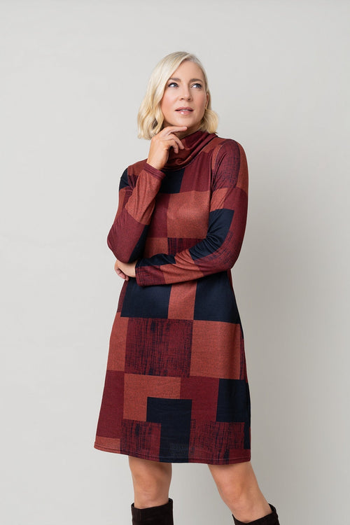 Carraig Donn Red Print Cowl Neck Pockets Long Sleeve Knee Length Dress