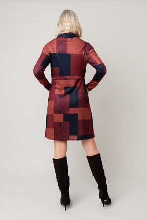 Carraig Donn Red Print Cowl Neck Pockets Long Sleeve Knee Length Dress