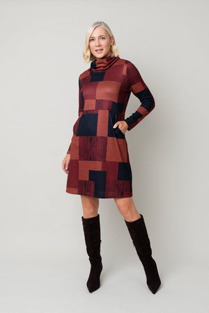 Carraig Donn Red Print Cowl Neck Pockets Long Sleeve Knee Length Dress