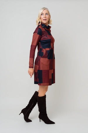 Carraig Donn Red Print Cowl Neck Pockets Long Sleeve Knee Length Dress