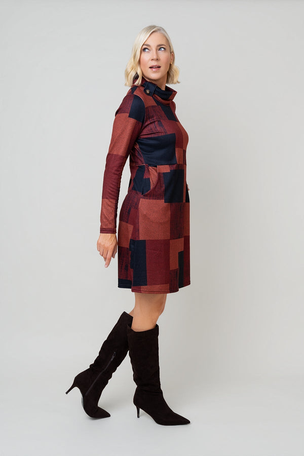 Carraig Donn Red Print Cowl Neck Pockets Long Sleeve Knee Length Dress