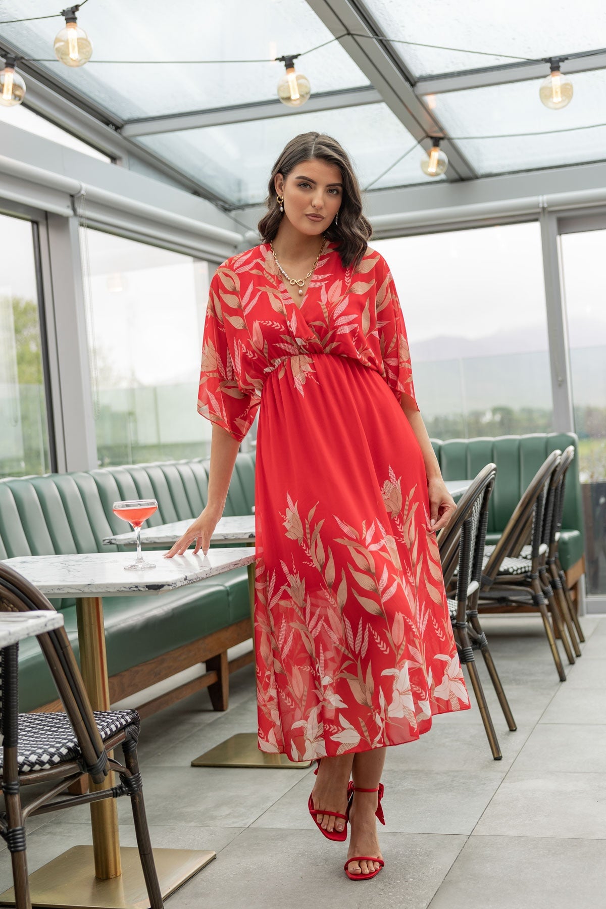Red Print Empire Waist Midi Dress