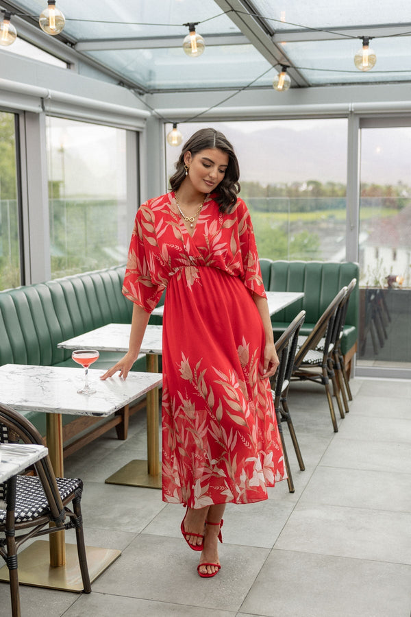 Carraig Donn Red Print Empire Waist Midi Dress