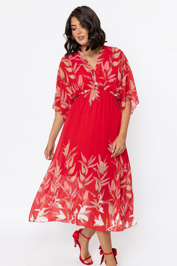 Carraig Donn Red Print Empire Waist Midi Dress