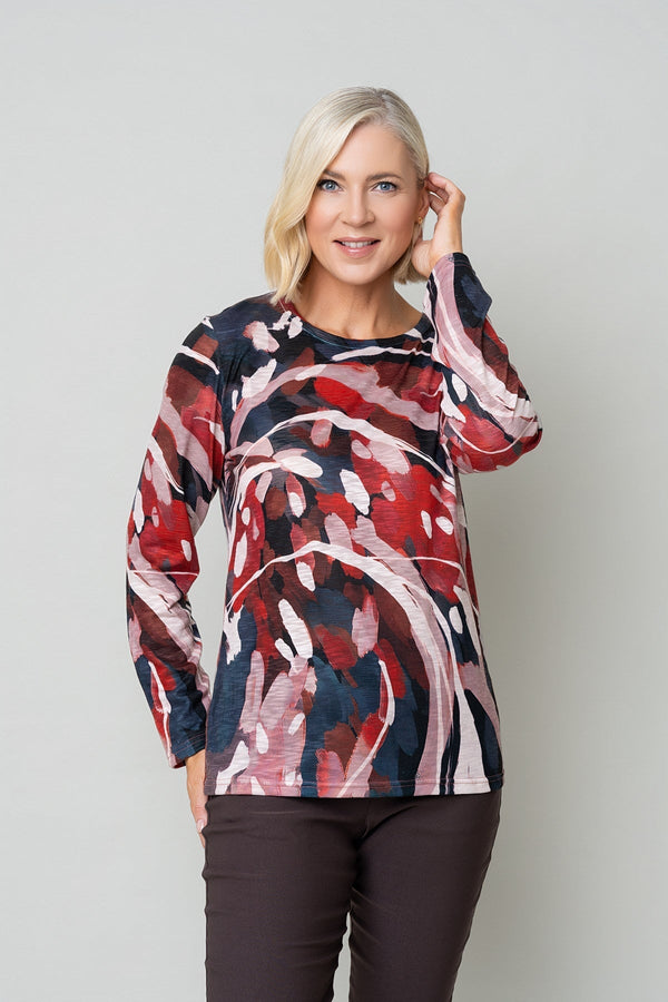Carraig Donn Red Printed Round Neck Long Sleeve Top