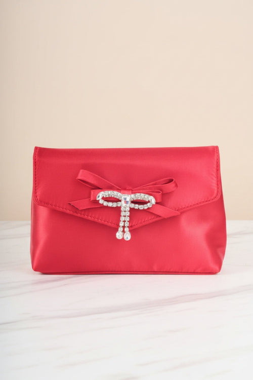 Red Satin Diamante Bow Envelope Clutch Bag