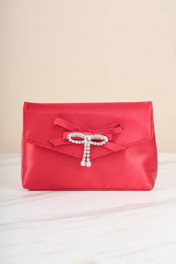 Carraig Donn Red Satin Diamante Bow Envelope Clutch Bag