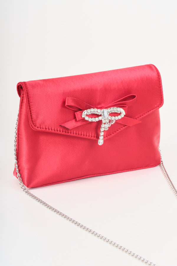 Carraig Donn Red Satin Diamante Bow Envelope Clutch Bag