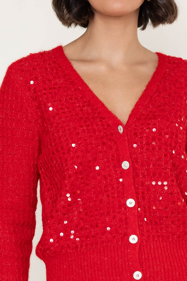 Carraig Donn Red Sequins Button Down Soft Knit Cardigan