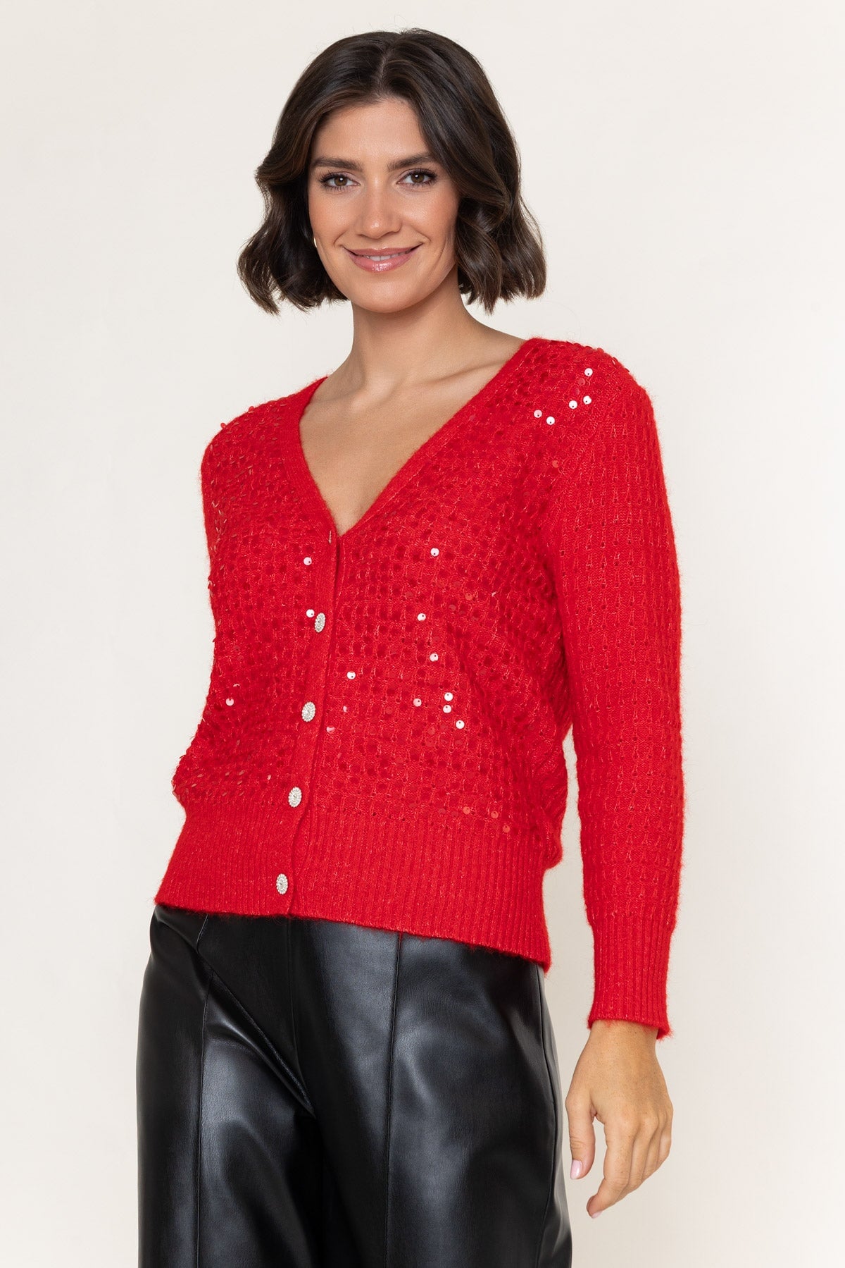 Red Sequins Button Down Soft Knit Cardigan