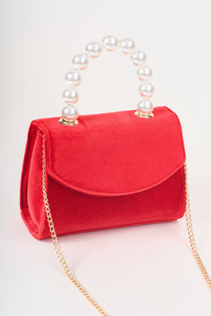 Carraig Donn Red Velvet Pearl Top Handle Clutch Bag