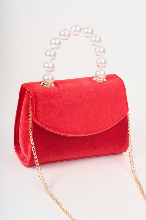 Carraig Donn Red Velvet Pearl Top Handle Clutch Bag