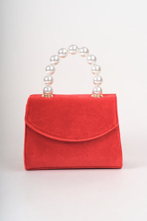 Carraig Donn Red Velvet Pearl Top Handle Clutch Bag