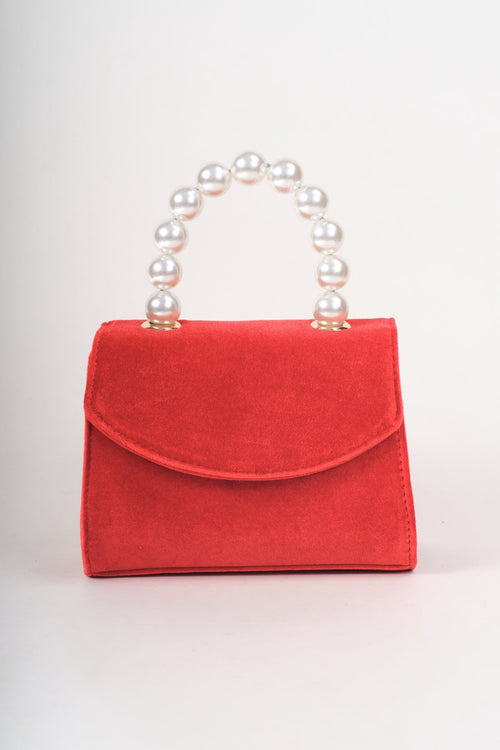 Red Velvet Pearl Top Handle Clutch Bag
