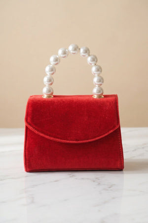 Carraig Donn Red Velvet Pearl Top Handle Clutch Bag