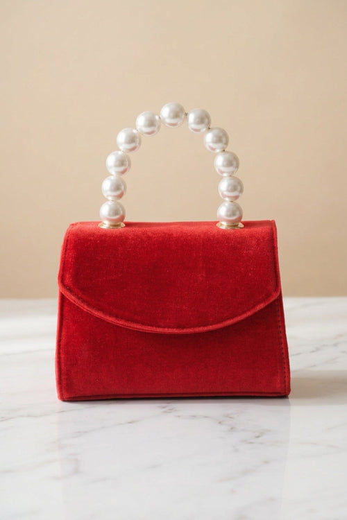 Carraig Donn Red Velvet Pearl Top Handle Clutch Bag